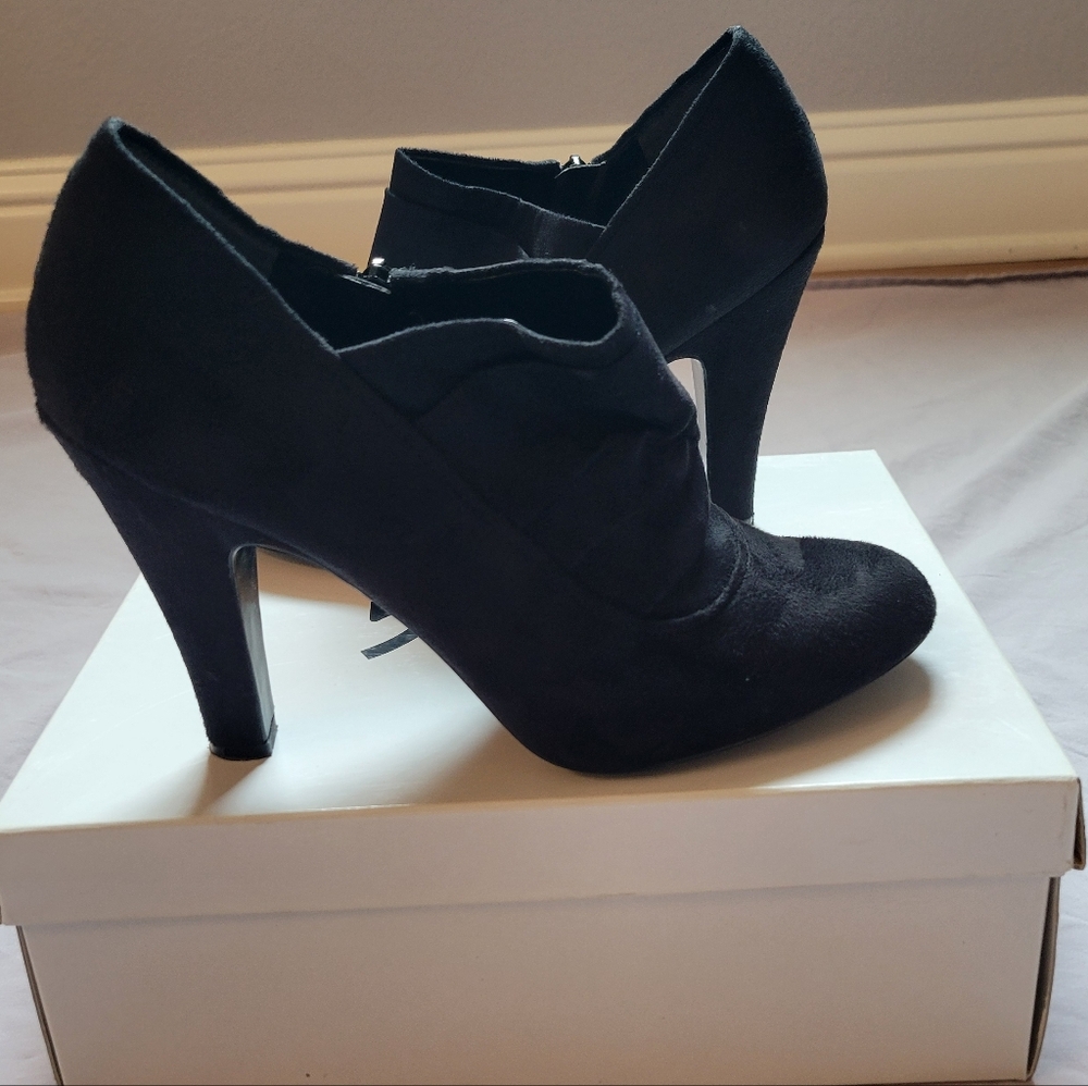 BCBG Black Suede High Heel Ankle Booties